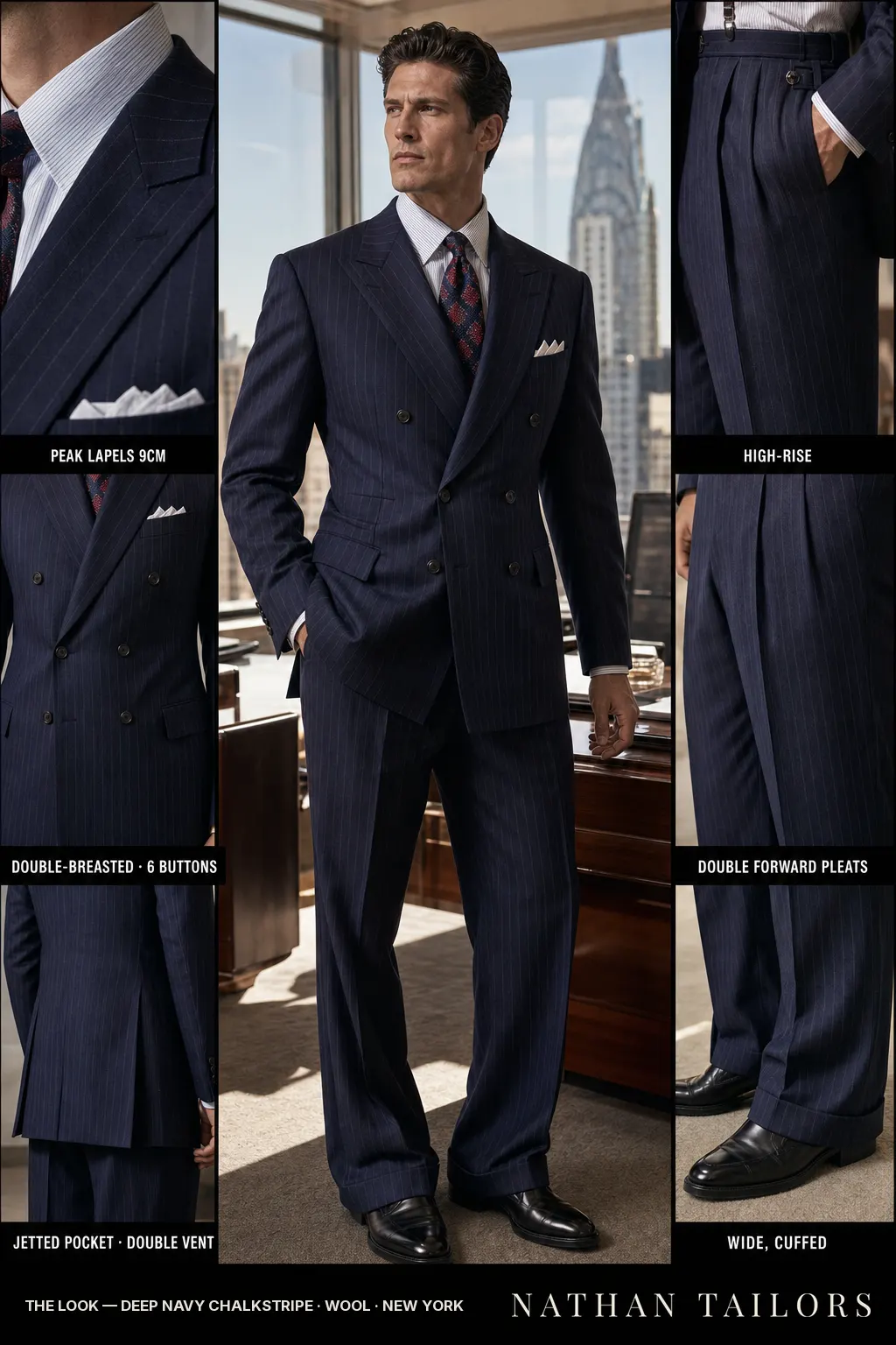 deep navy chalkstripe chalk stripe double-breasted peak-lapel bespoke suit — AI-rendered by Nathan Tailors, the Hoi An custom tailor. Available as a custom tailored suit from $149.