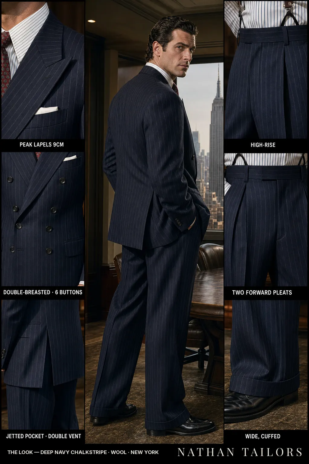 deep navy chalkstripe chalk stripe double-breasted peak-lapel bespoke suit — AI-rendered by Nathan Tailors, the Hoi An custom tailor. Available as a custom tailored suit from $149.