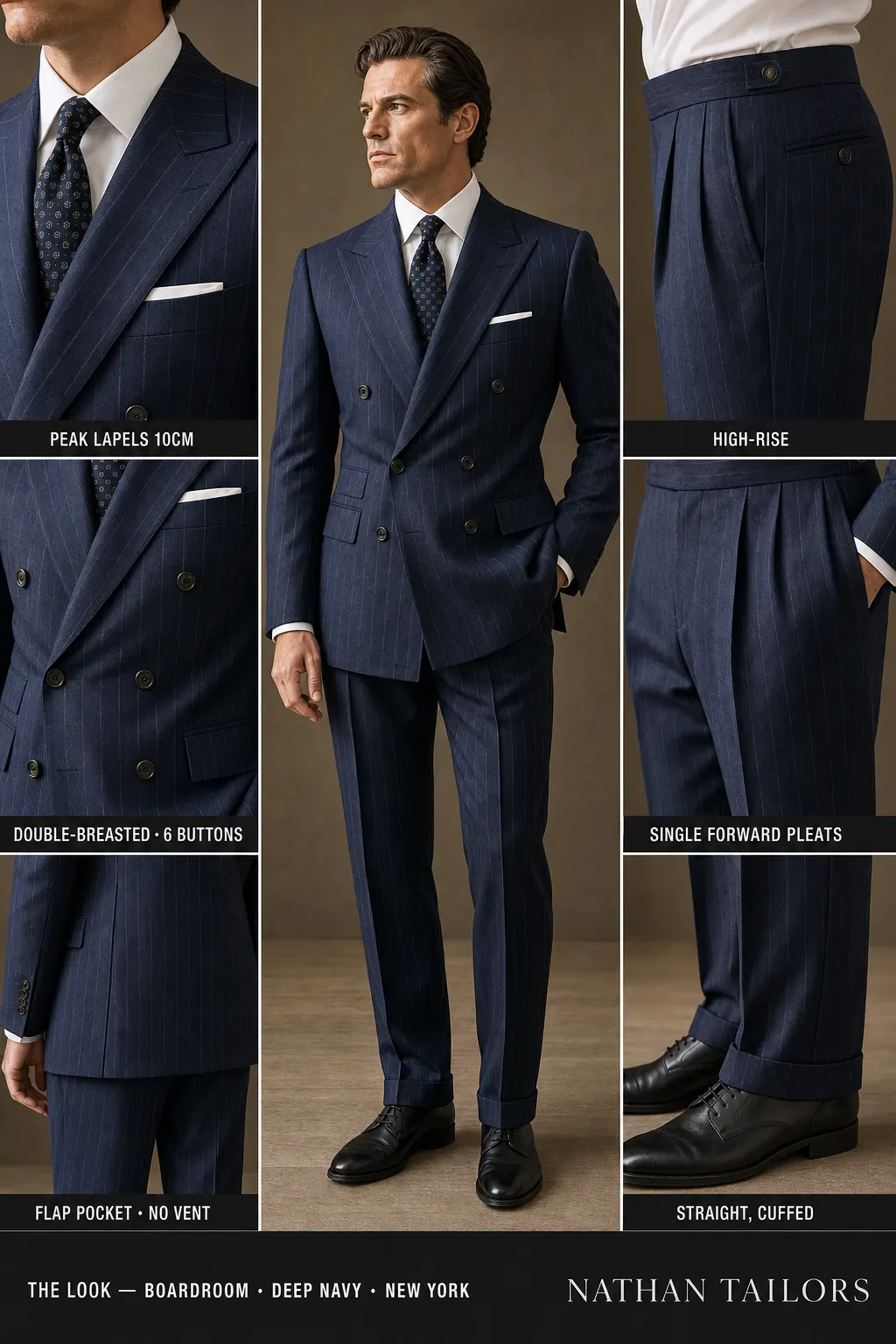 deep navy chalk stripe double-breasted peak-lapel bespoke suit — AI-rendered by Nathan Tailors, the Hoi An custom tailor. Available as a custom tailored suit from $149.
