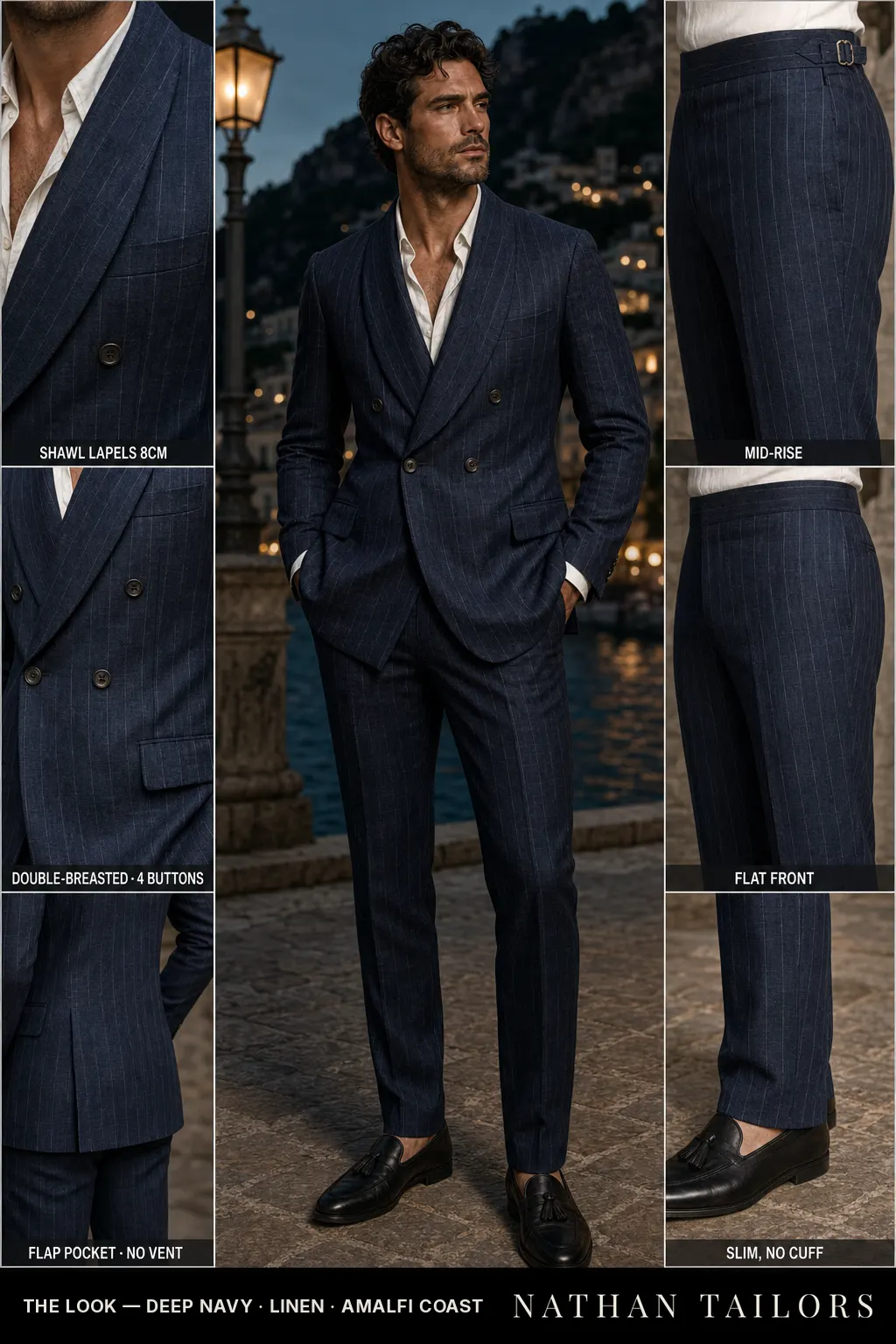 deep navy chalk stripe double-breasted shawl-lapel bespoke suit โ AI-rendered by Nathan Tailors, the Hoi An custom tailor. Available as a custom tailored suit from $149.