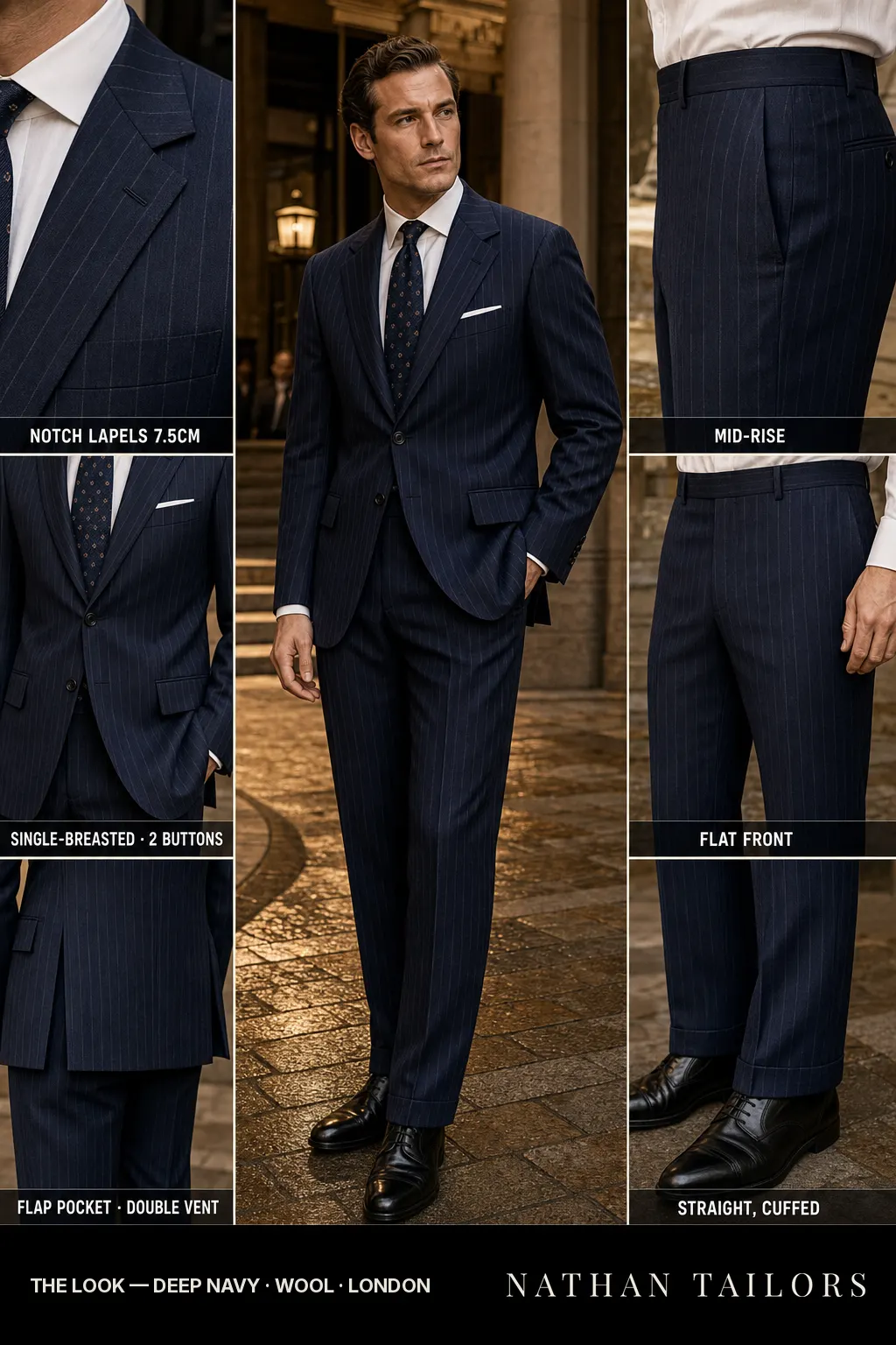 deep navy chalk stripe single-breasted notch-lapel bespoke suit — AI-rendered by Nathan Tailors, the Hoi An custom tailor. Available as a custom tailored suit from $149.