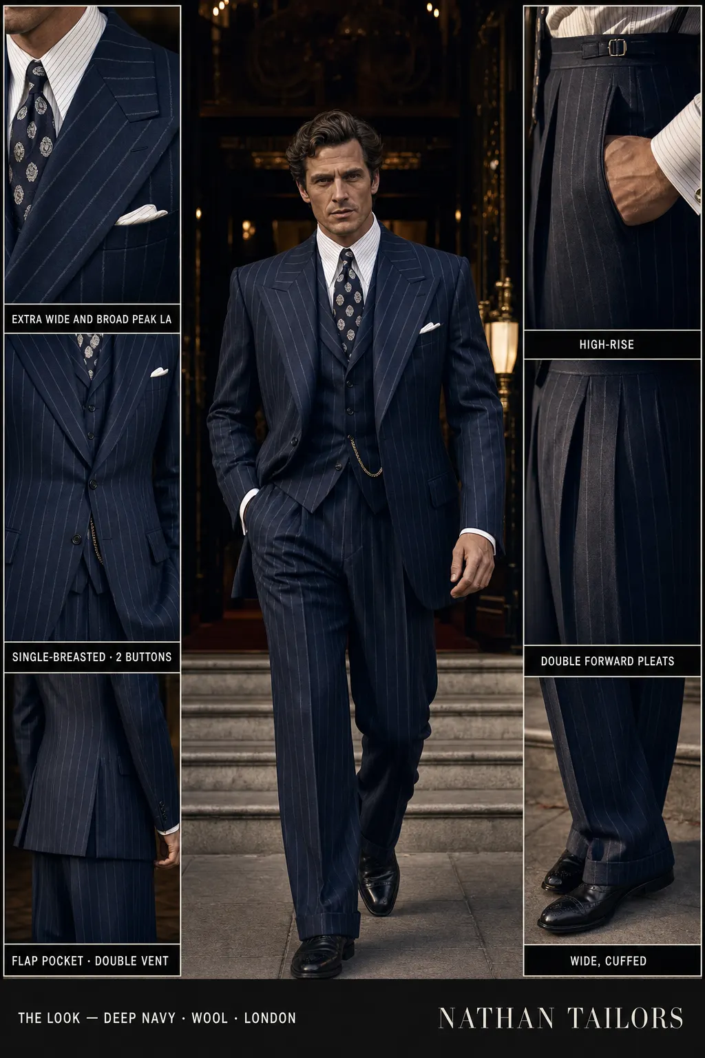 deep navy chalk stripe single-breasted notch-lapel bespoke suit — AI-rendered by Nathan Tailors, the Hoi An custom tailor. Available as a custom tailored suit from $149.