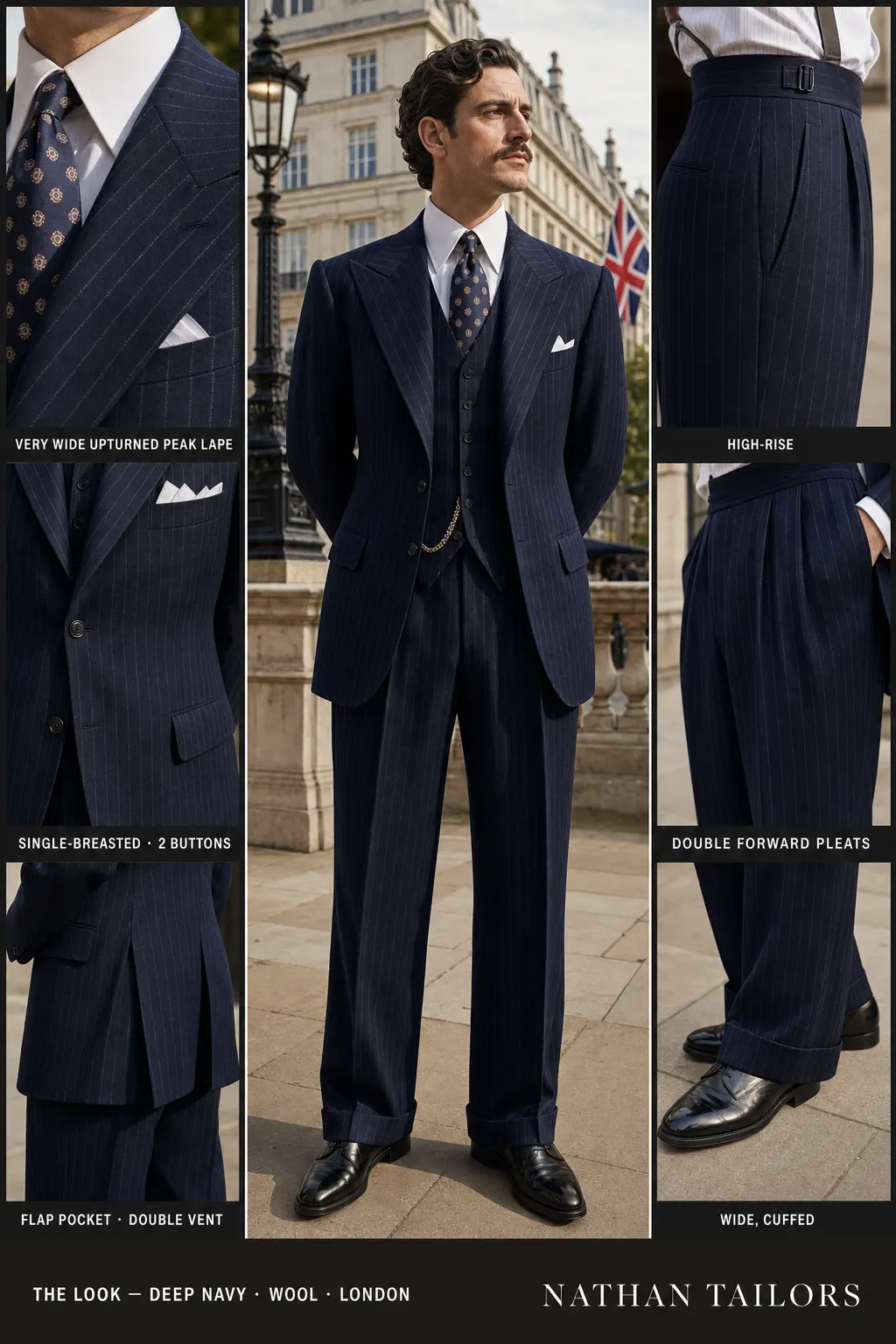 deep navy chalk stripe single-breasted notch-lapel bespoke suit — AI-rendered by Nathan Tailors, the Hoi An custom tailor. Available as a custom tailored suit from $169.
