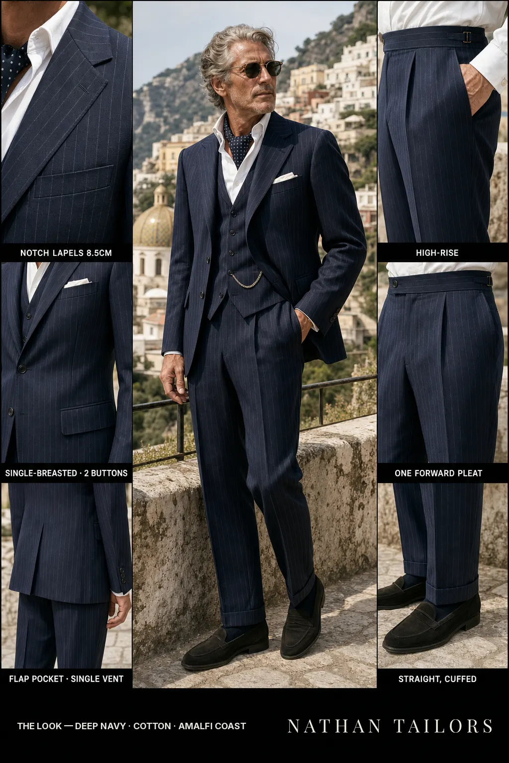 deep navy chalk stripe single-breasted notch-lapel bespoke suit โ AI-rendered by Nathan Tailors, the Hoi An custom tailor. Available as a custom tailored suit from $149.