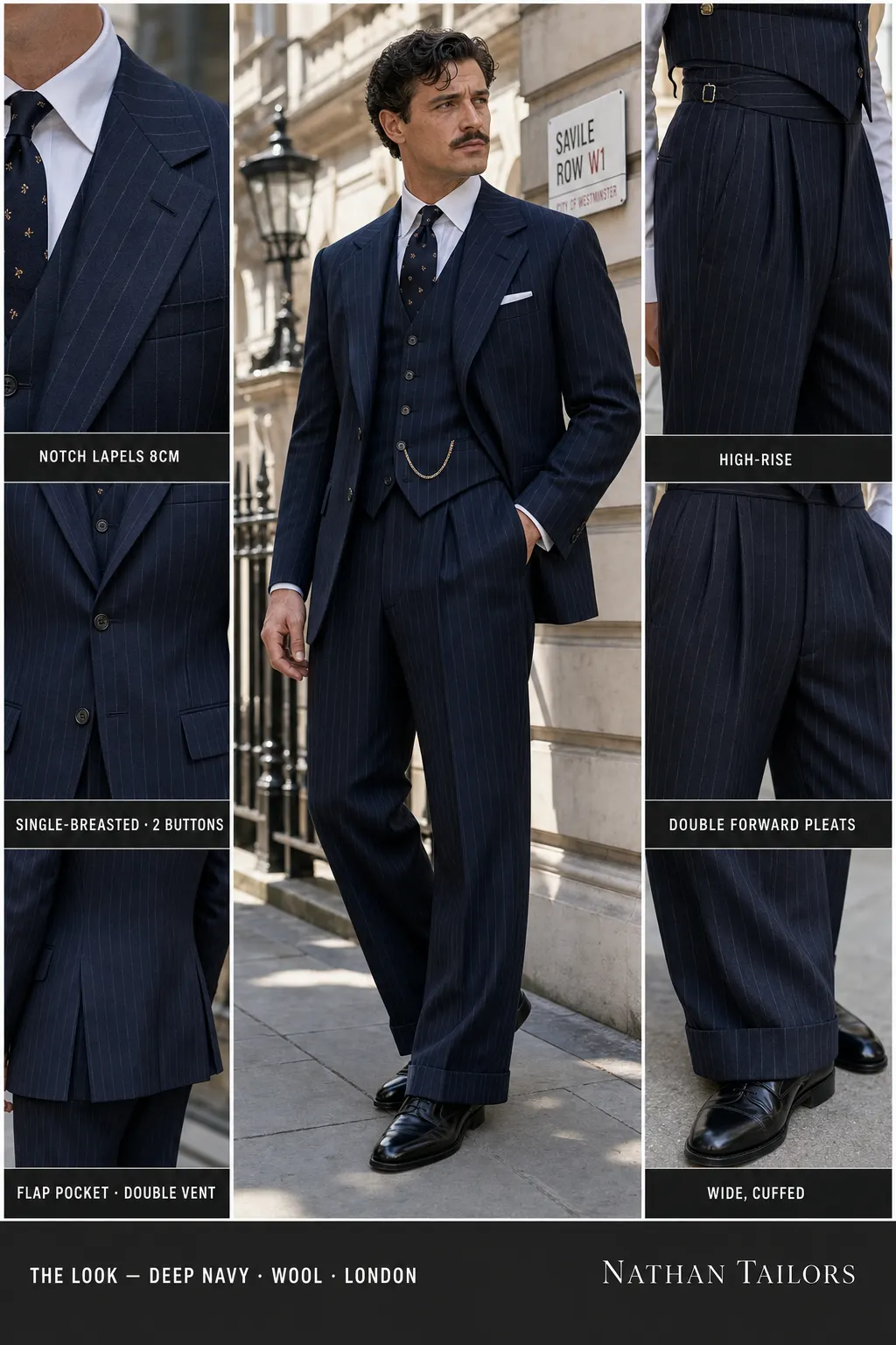 deep navy chalk stripe single-breasted notch-lapel bespoke suit — AI-rendered by Nathan Tailors, the Hoi An custom tailor. Available as a custom tailored suit from $149.