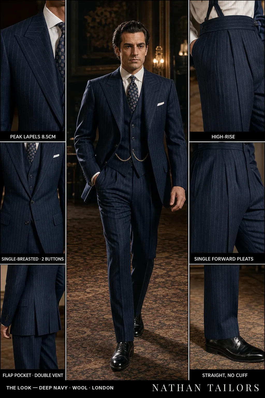 deep navy chalk stripe single-breasted peak-lapel bespoke suit — AI-rendered by Nathan Tailors, the Hoi An custom tailor. Available as a custom tailored suit from $149.