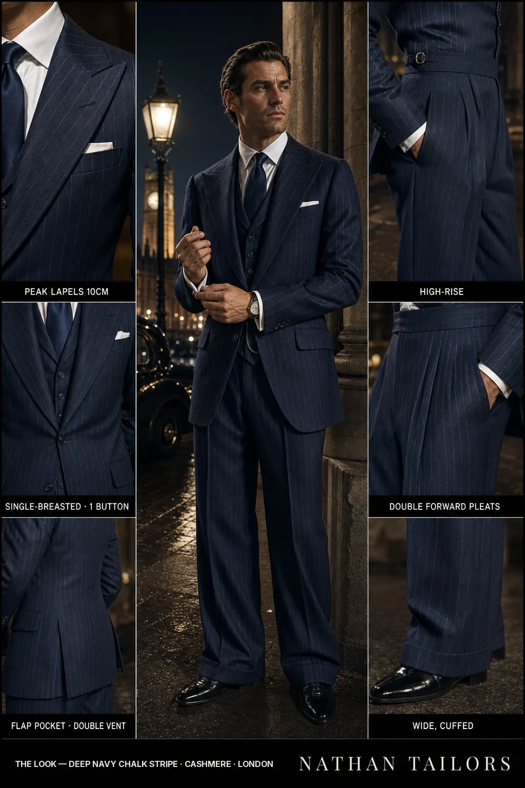 Deep navy chalk stripe chalk stripe single-breasted peak-lapel bespoke suit — AI-rendered by Nathan Tailors, the Hoi An custom tailor. Available as a custom tailored suit from $149.