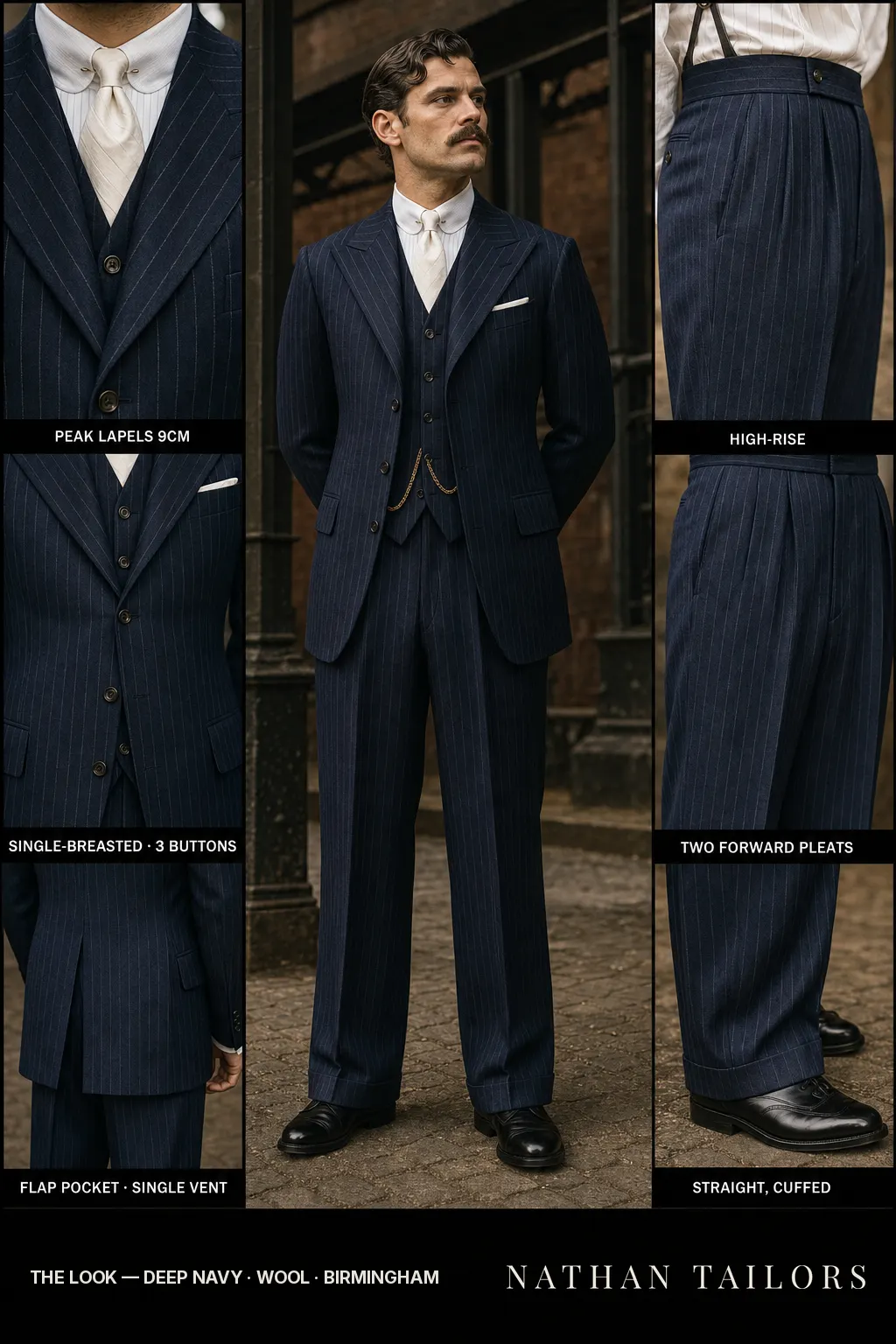 deep navy chalk stripe single-breasted peak-lapel bespoke suit — AI-rendered by Nathan Tailors, the Hoi An custom tailor. Available as a custom tailored suit from $149.