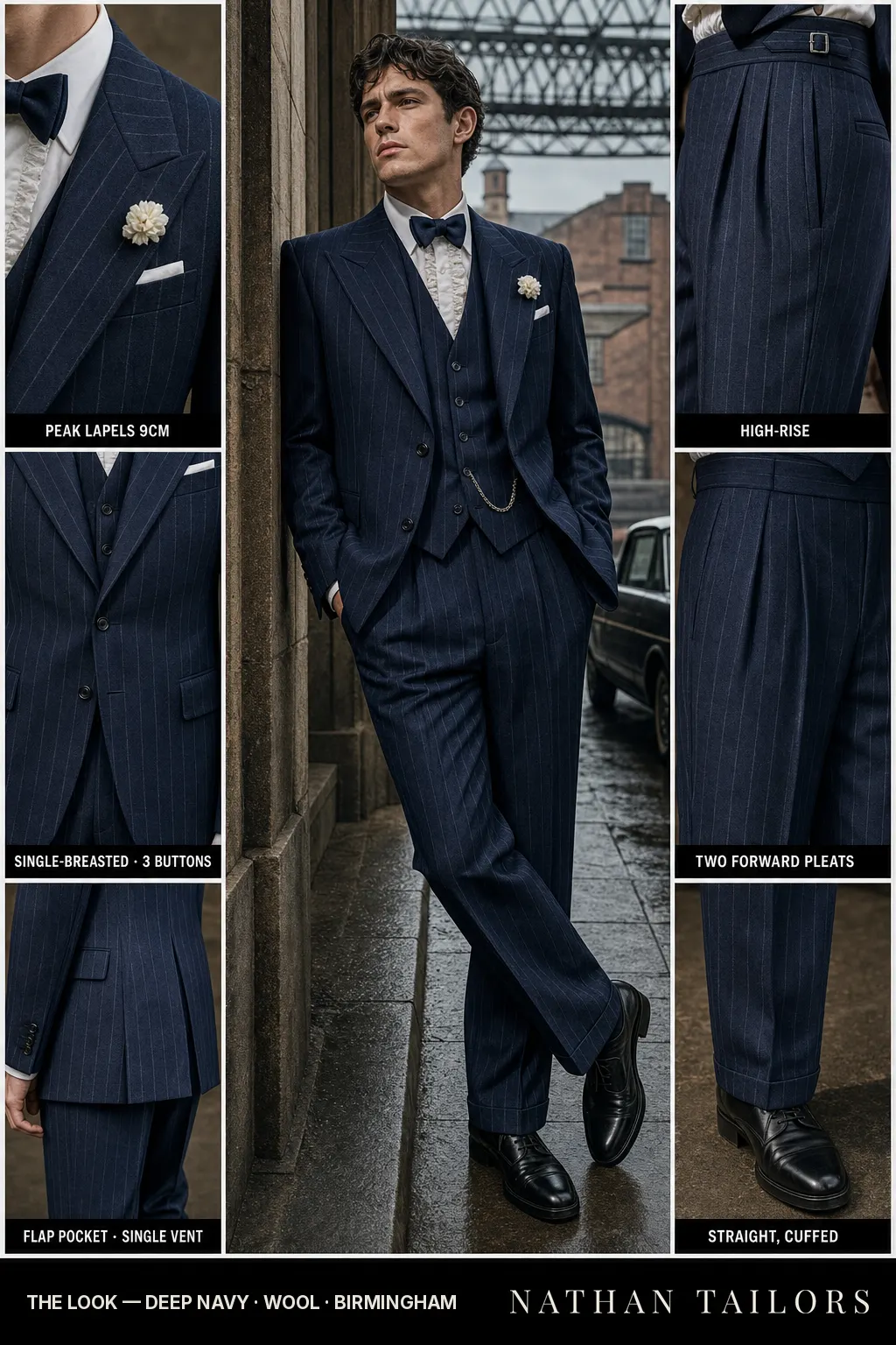 deep navy chalk stripe single-breasted peak-lapel bespoke suit — AI-rendered by Nathan Tailors, the Hoi An custom tailor. Available as a custom tailored suit from $149.