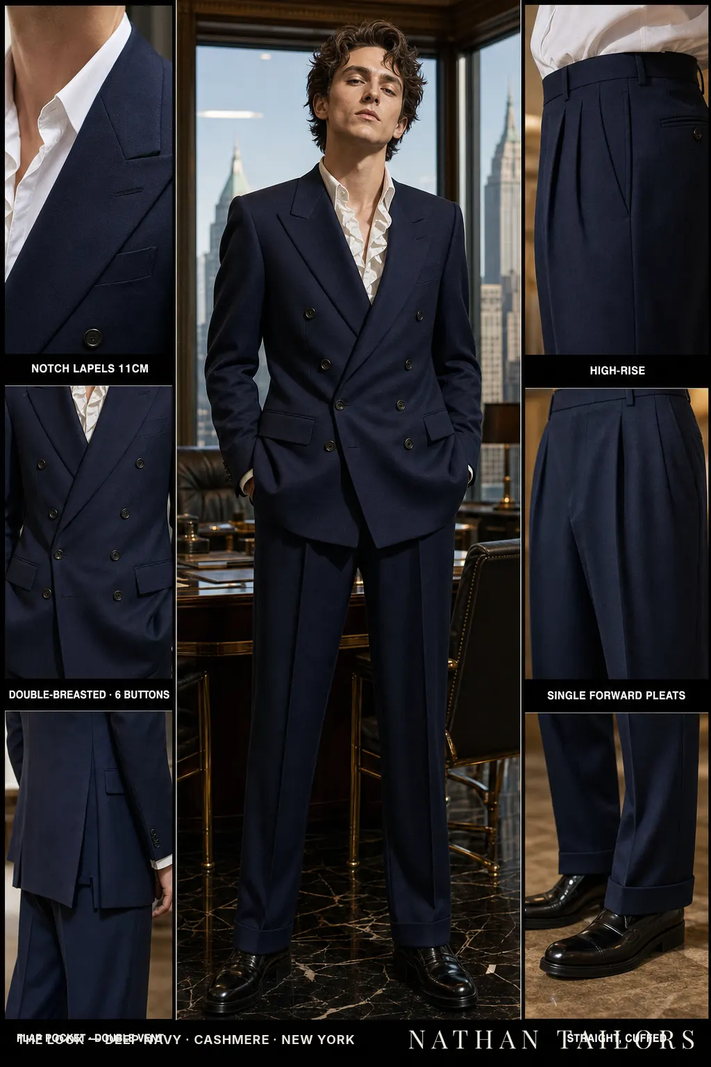 deep navy double-breasted notch-lapel bespoke suit โ AI-rendered by Nathan Tailors, the Hoi An custom tailor. Available as a custom tailored suit from $149.