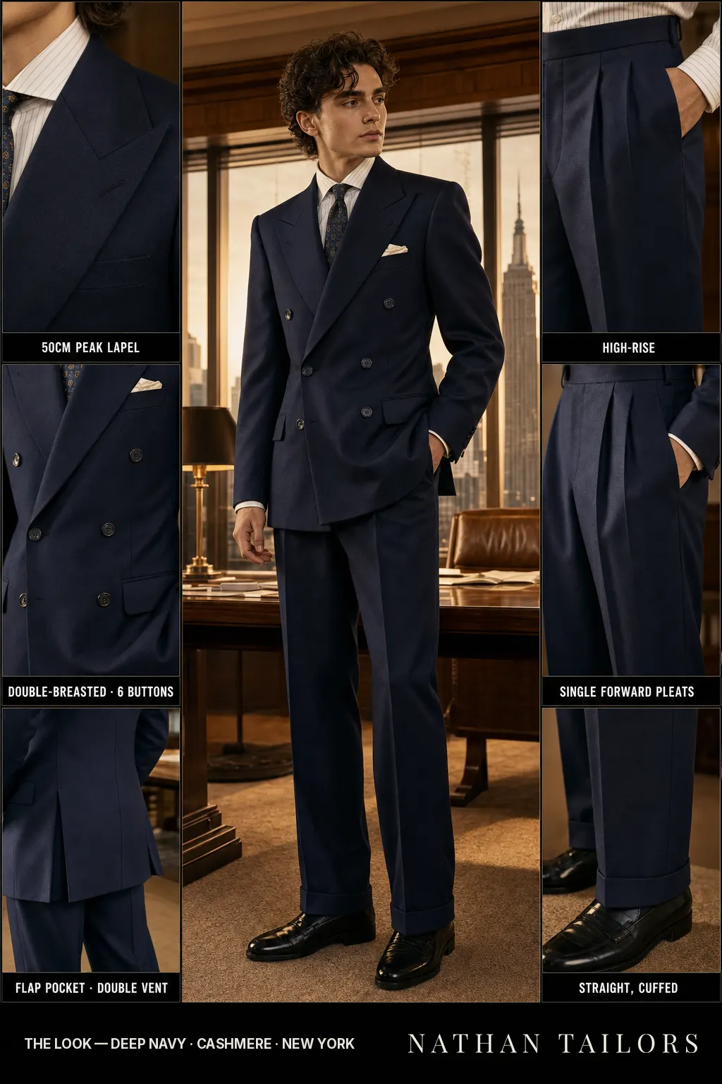 deep navy double-breasted notch-lapel bespoke suit — AI-rendered by Nathan Tailors, the Hoi An custom tailor. Available as a custom tailored suit from $149.