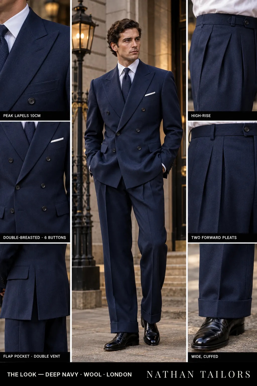 deep navy double-breasted bespoke suit โ custom tailored by Nathan Tailors, the Hoi An custom tailor