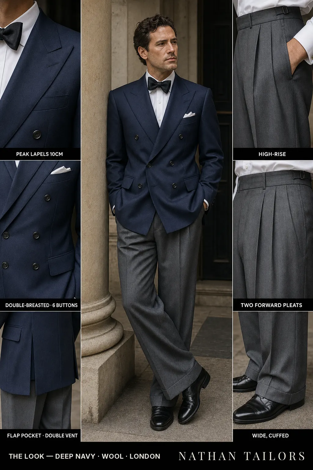 deep navy double-breasted peak-lapel bespoke suit โ AI-rendered by Nathan Tailors, the Hoi An custom tailor. Available as a custom tailored suit from $149.