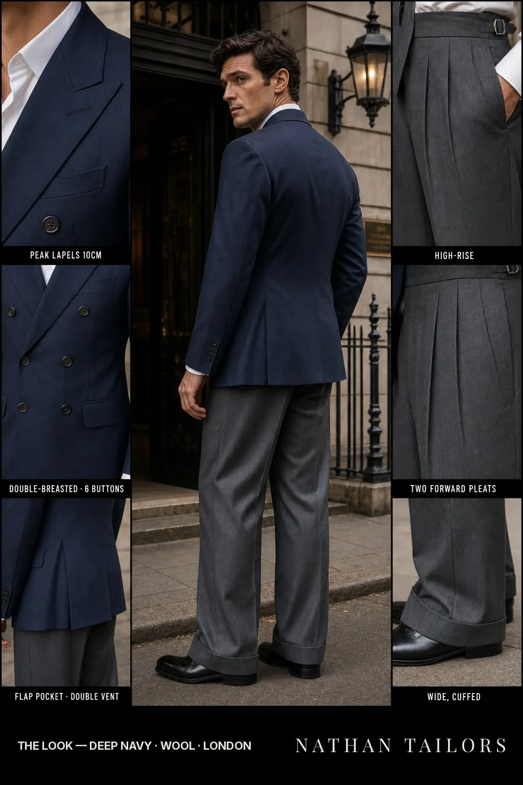 deep navy double-breasted peak-lapel bespoke suit โ AI-rendered by Nathan Tailors, the Hoi An custom tailor. Available as a custom tailored suit from $149.