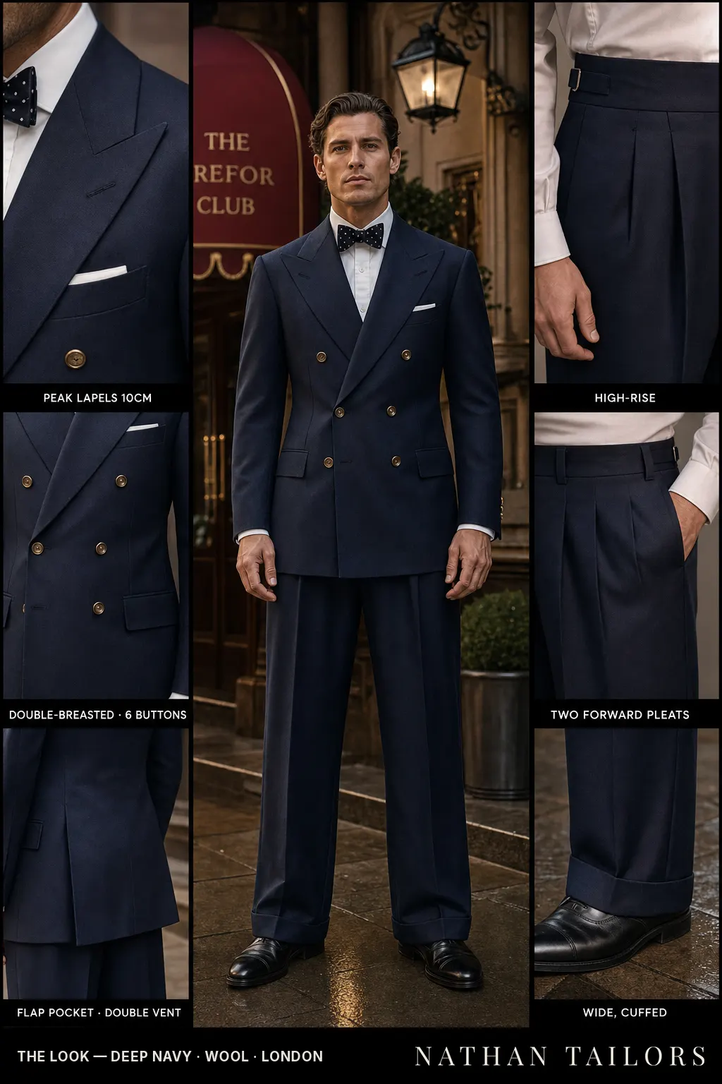 deep navy double-breasted peak-lapel bespoke suit โ AI-rendered by Nathan Tailors, the Hoi An custom tailor. Available as a custom tailored suit from $149.