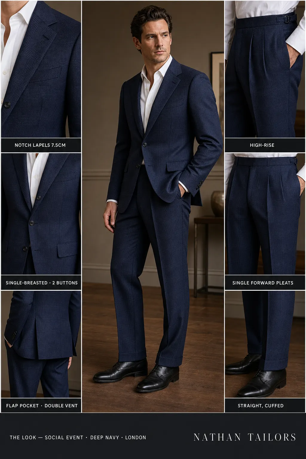 deep navy glen plaid single-breasted notch-lapel bespoke suit โ AI-rendered by Nathan Tailors, the Hoi An custom tailor. Available as a custom tailored suit from $149.