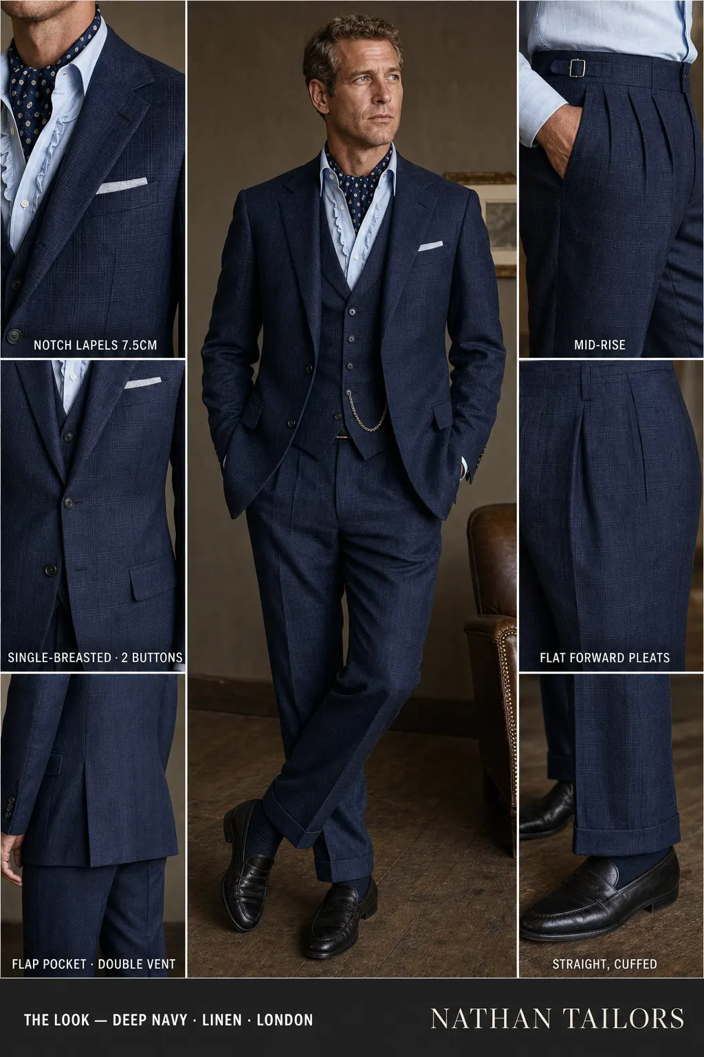 deep navy glen plaid single-breasted notch-lapel bespoke suit — AI-rendered by Nathan Tailors, the Hoi An custom tailor. Available as a custom tailored suit from $149.