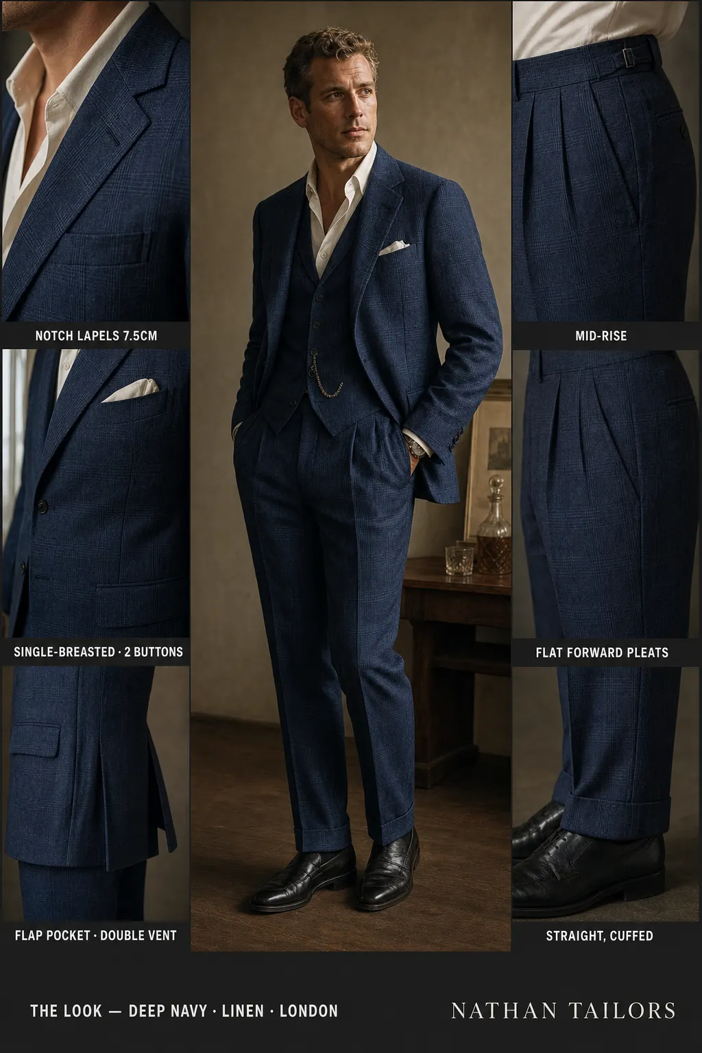 deep navy glen plaid single-breasted notch-lapel bespoke suit โ AI-rendered by Nathan Tailors, the Hoi An custom tailor. Available as a custom tailored suit from $149.