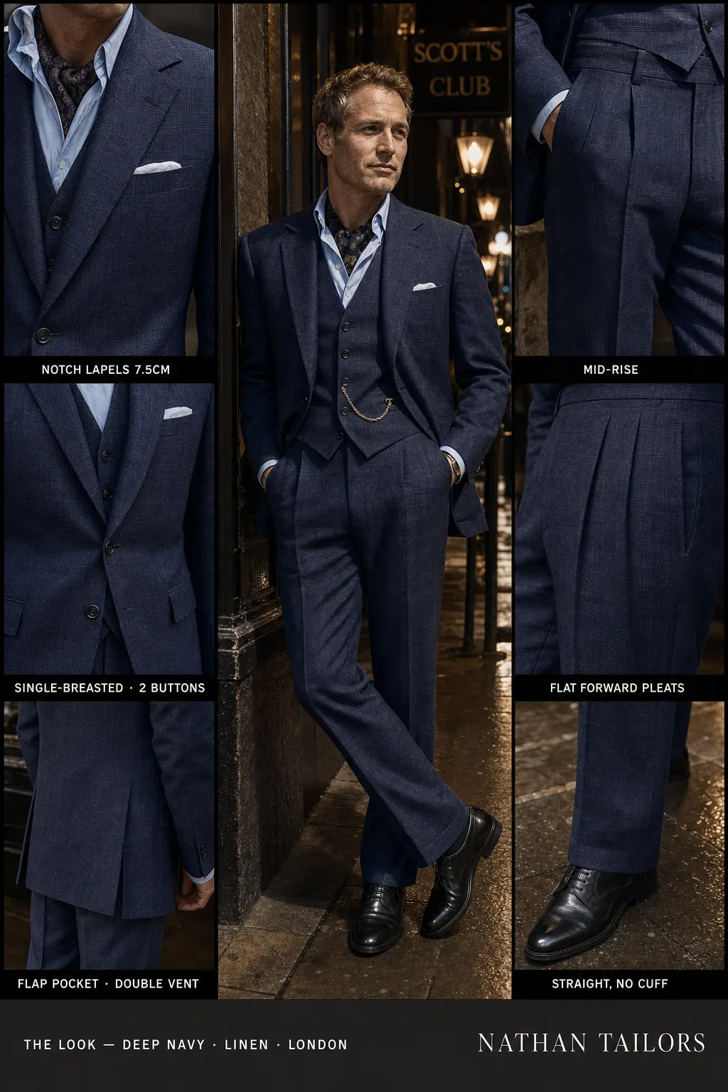 deep navy glen plaid single-breasted notch-lapel bespoke suit — AI-rendered by Nathan Tailors, the Hoi An custom tailor. Available as a custom tailored suit from $169.