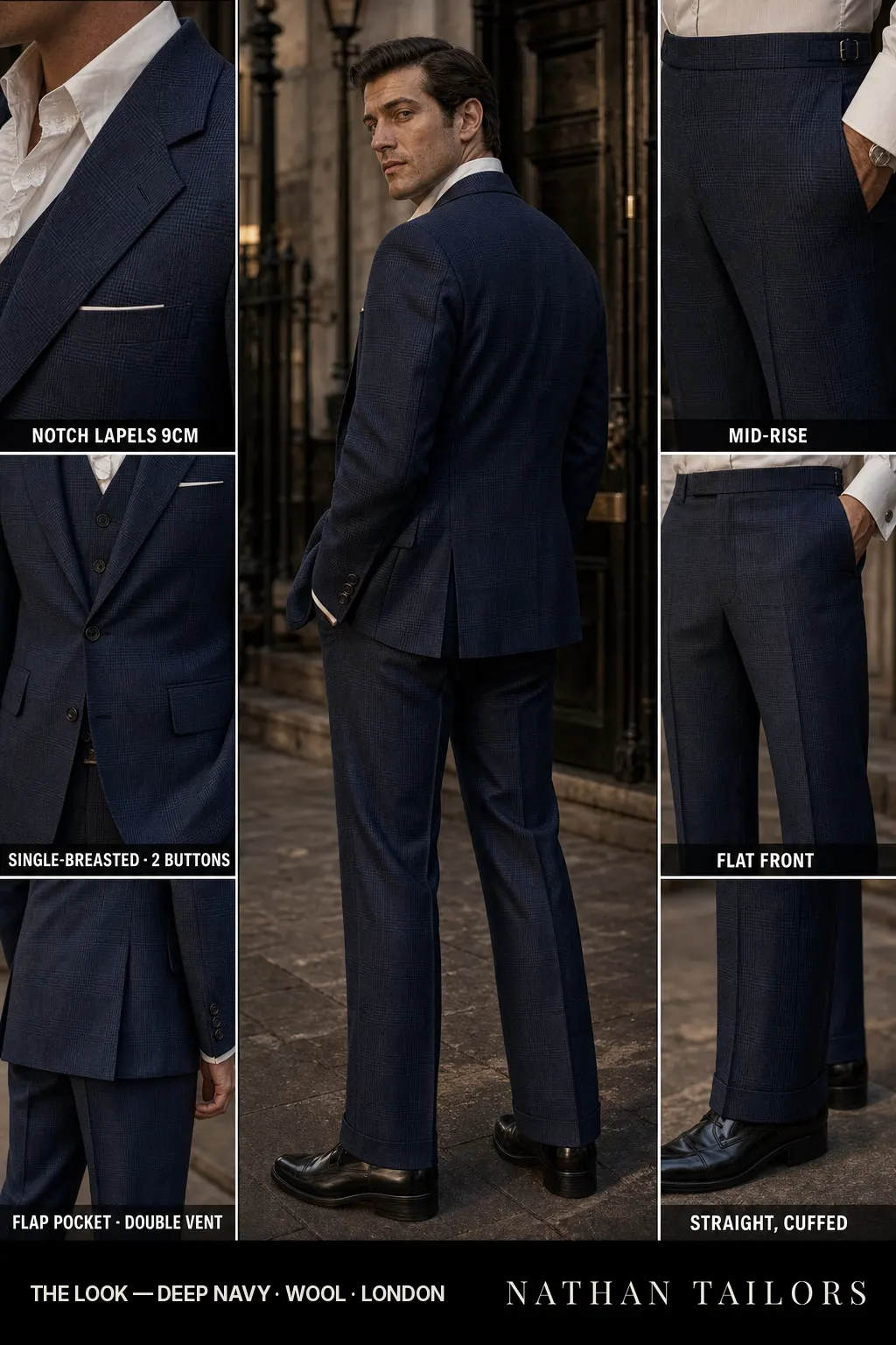 deep navy glen plaid single-breasted notch-lapel bespoke suit — AI-rendered by Nathan Tailors, the Hoi An custom tailor. Available as a custom tailored suit from $149.