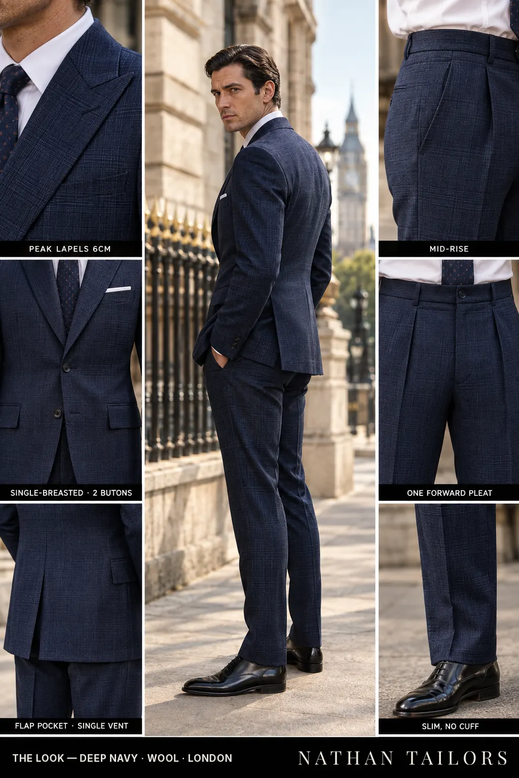 deep navy glen plaid single-breasted peak-lapel bespoke suit — AI-rendered by Nathan Tailors, the Hoi An custom tailor. Available as a custom tailored suit from $149.