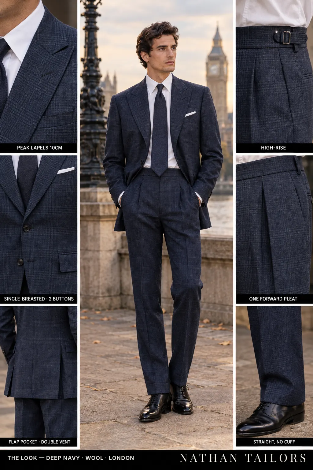 deep navy glen plaid single-breasted peak-lapel bespoke suit โ AI-rendered by Nathan Tailors, the Hoi An custom tailor. Available as a custom tailored suit from $169.