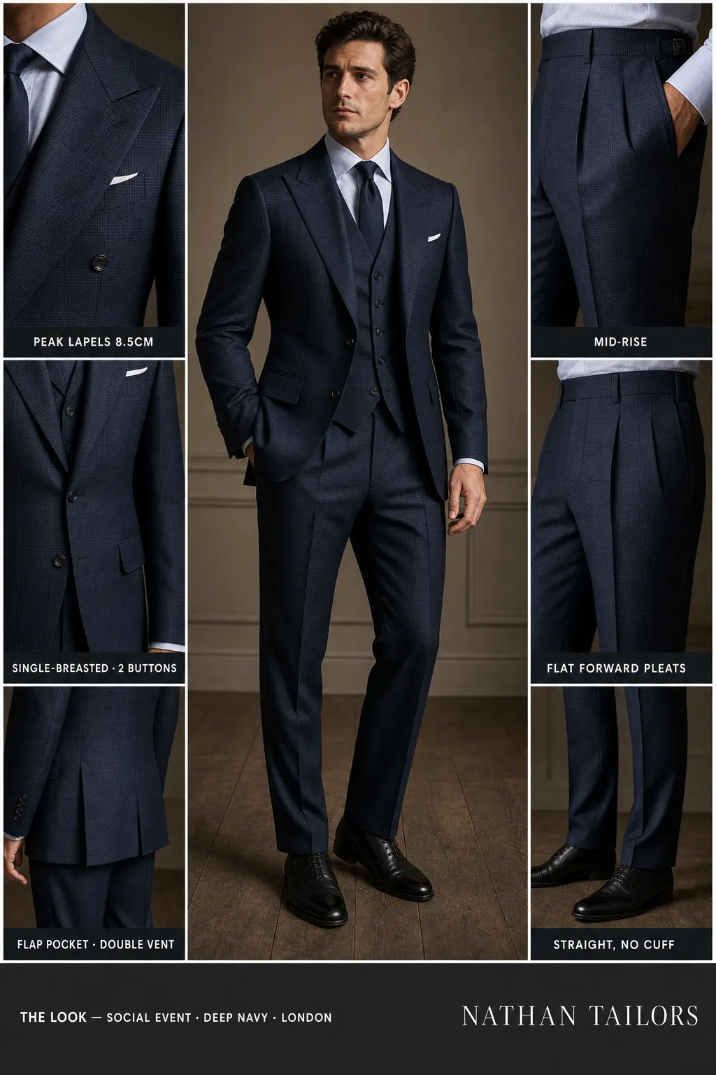 deep navy glen plaid single-breasted peak-lapel bespoke suit — AI-rendered by Nathan Tailors, the Hoi An custom tailor. Available as a custom tailored suit from $149.