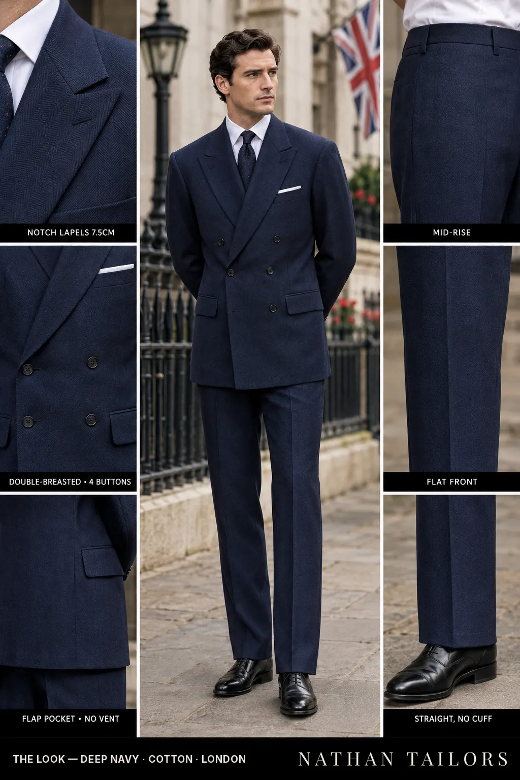 deep navy herringbone double-breasted bespoke suit โ custom tailored by Nathan Tailors, the Hoi An custom tailor