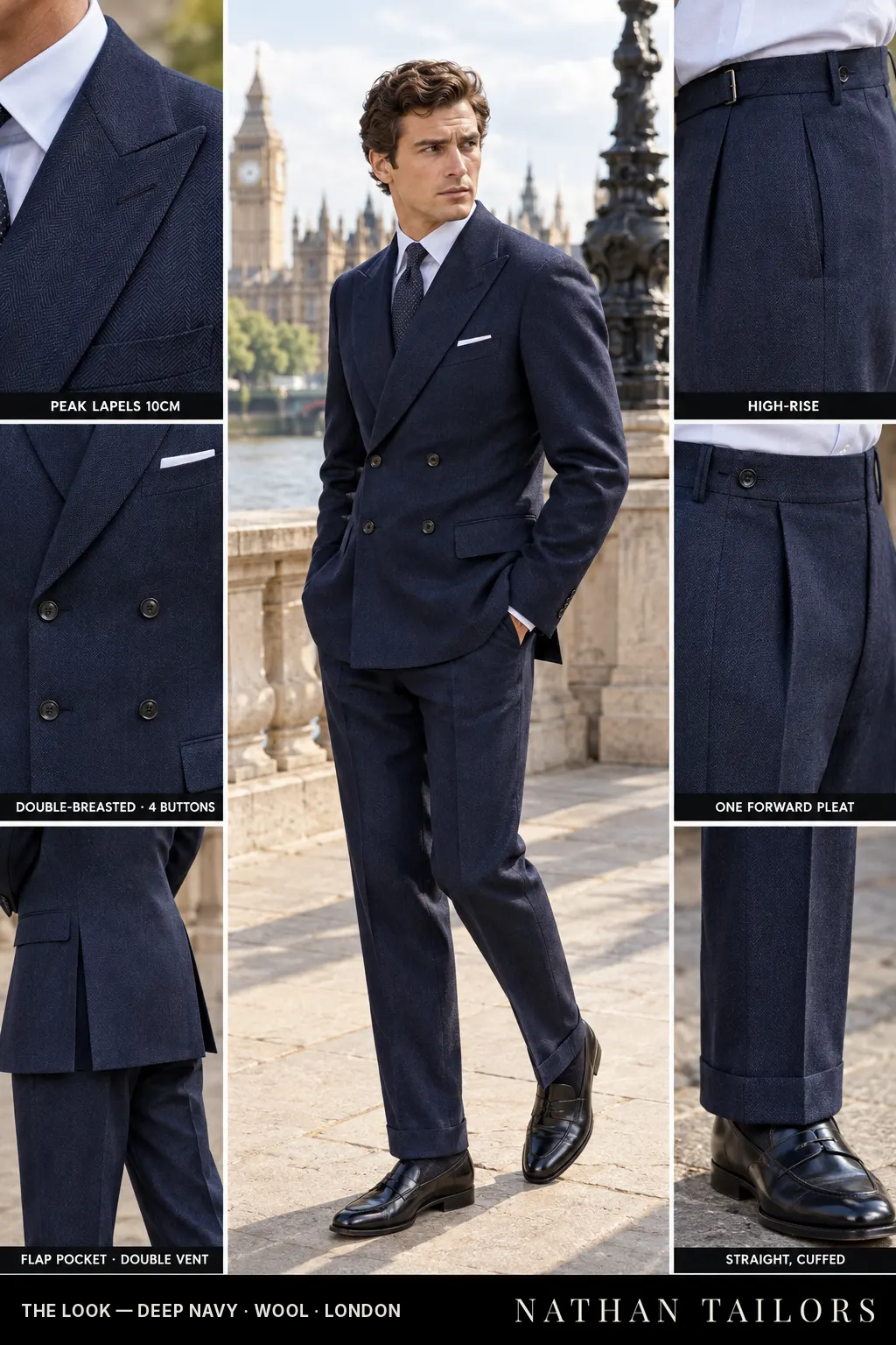deep navy herringbone double-breasted bespoke suit โ custom tailored by Nathan Tailors, the Hoi An custom tailor