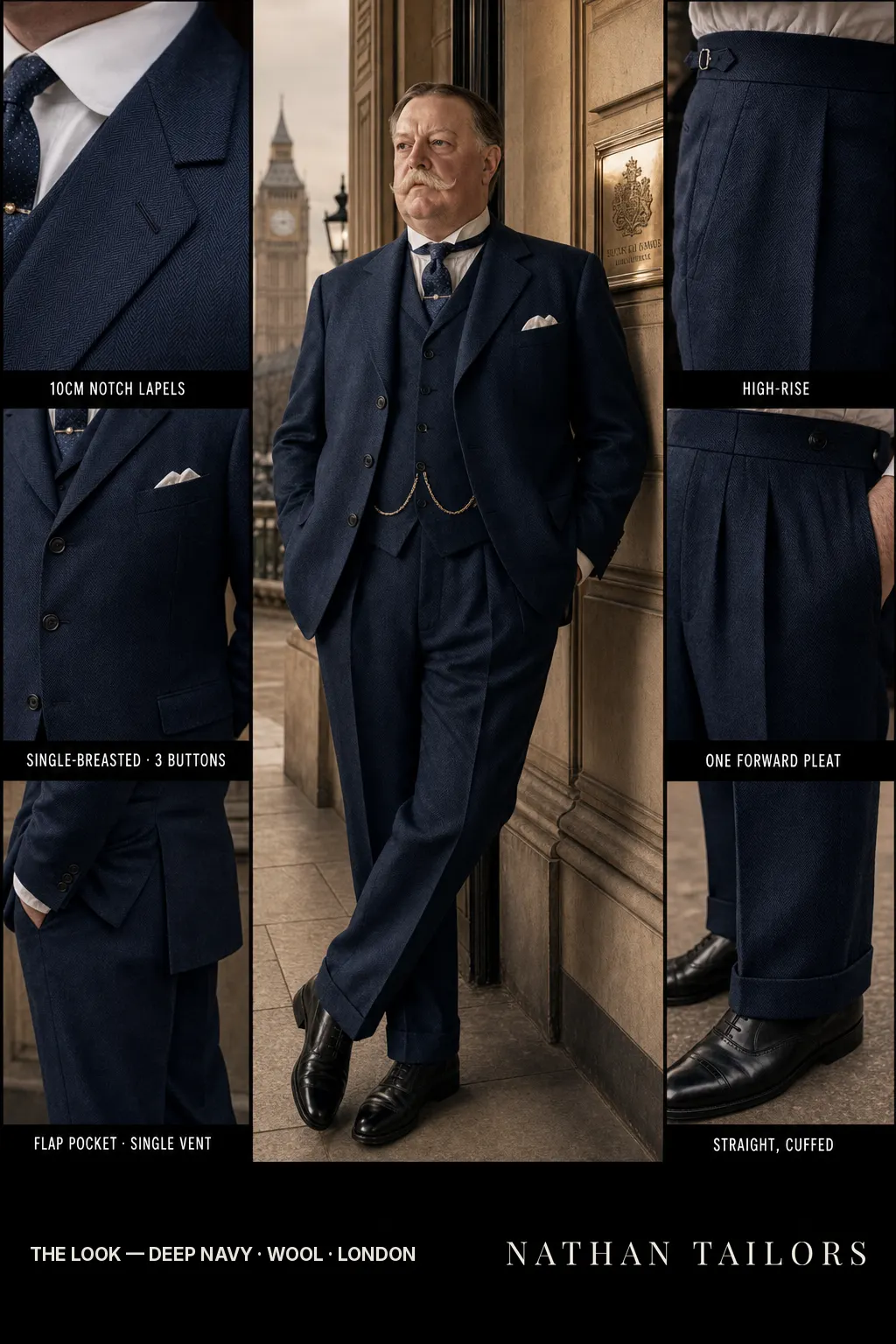deep navy herringbone single-breasted notch-lapel bespoke suit — AI-rendered by Nathan Tailors, the Hoi An custom tailor. Available as a custom tailored suit from $149.