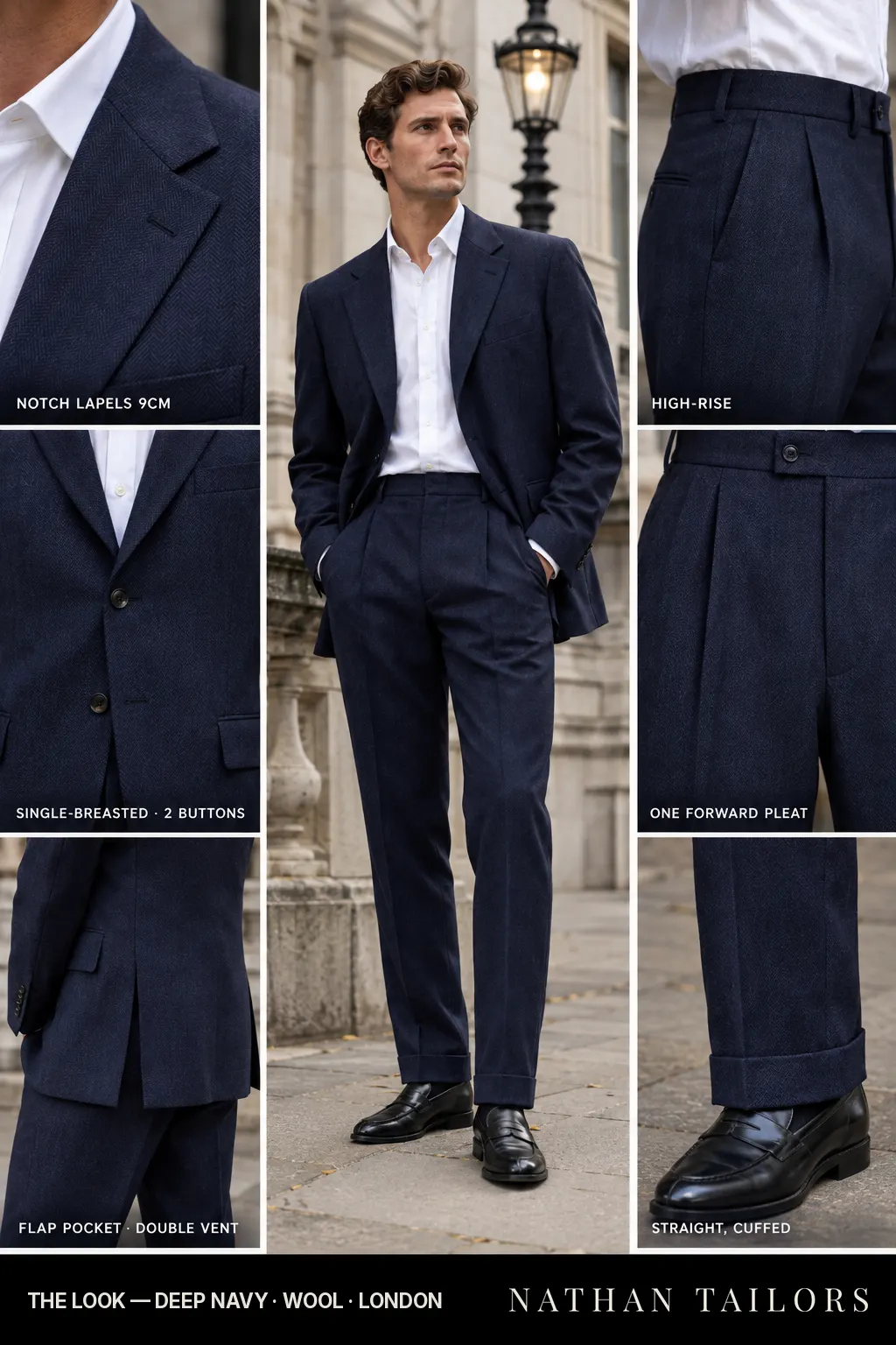 deep navy herringbone single-breasted bespoke suit โ custom tailored by Nathan Tailors, the Hoi An custom tailor