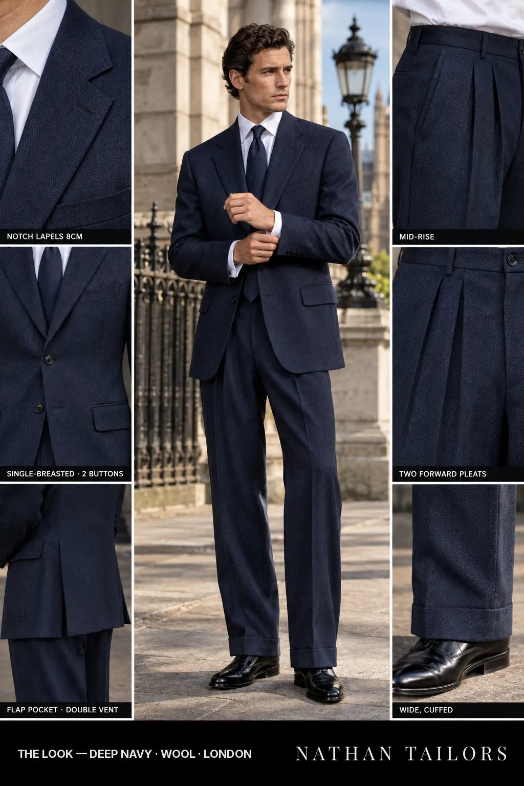 deep navy herringbone single-breasted bespoke suit — custom tailored by Nathan Tailors, the Hoi An custom tailor