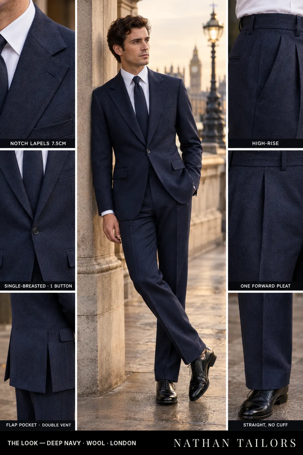 deep navy herringbone single-breasted bespoke suit โ custom tailored by Nathan Tailors, the Hoi An custom tailor