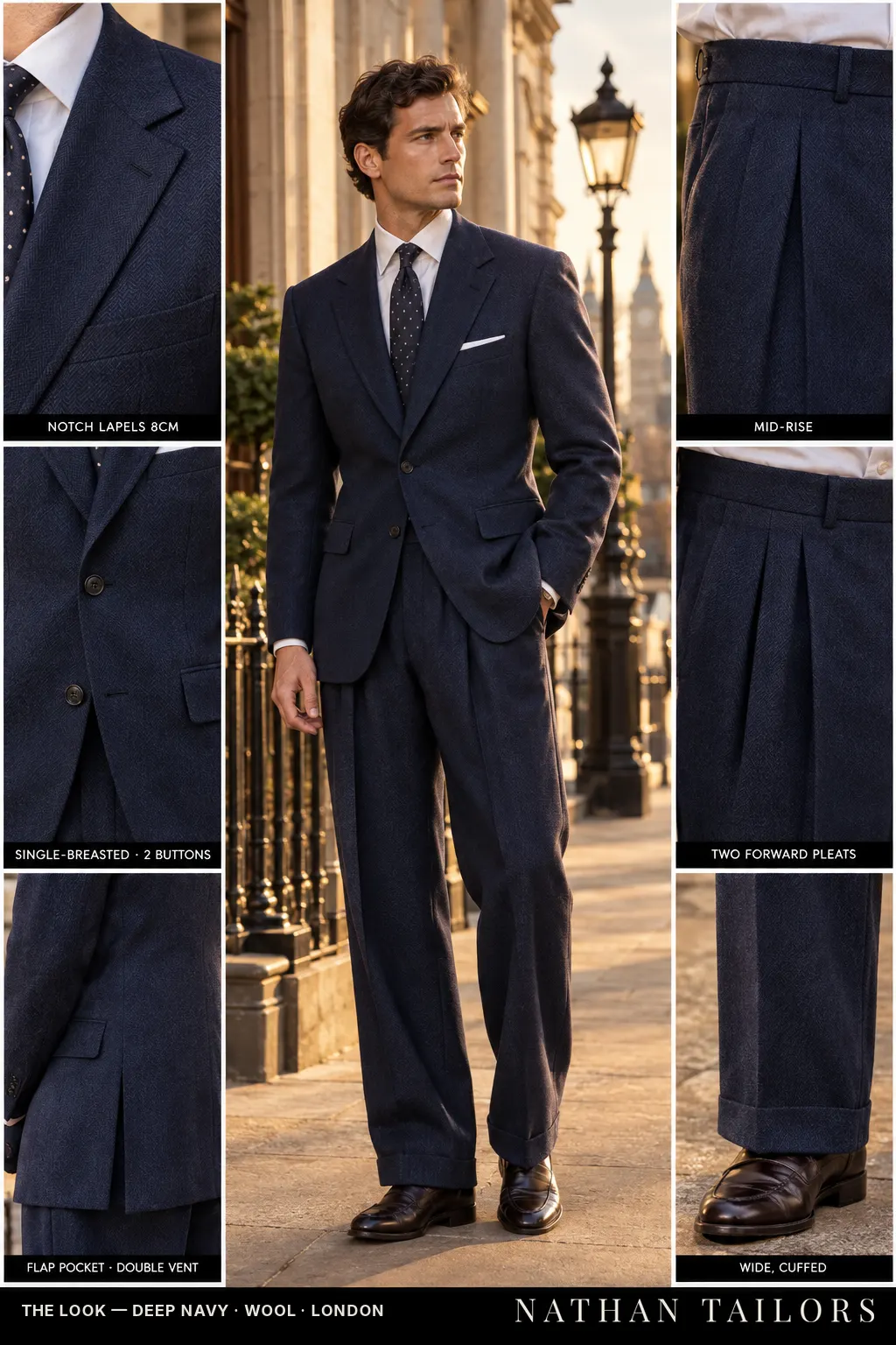 deep navy herringbone single-breasted bespoke suit โ custom tailored by Nathan Tailors, the Hoi An custom tailor