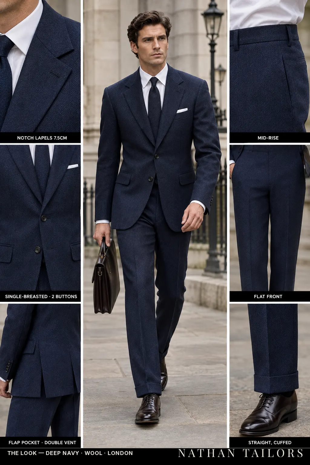 deep navy herringbone single-breasted notch-lapel bespoke suit โ AI-rendered by Nathan Tailors, the Hoi An custom tailor. Available as a custom tailored suit from $149.