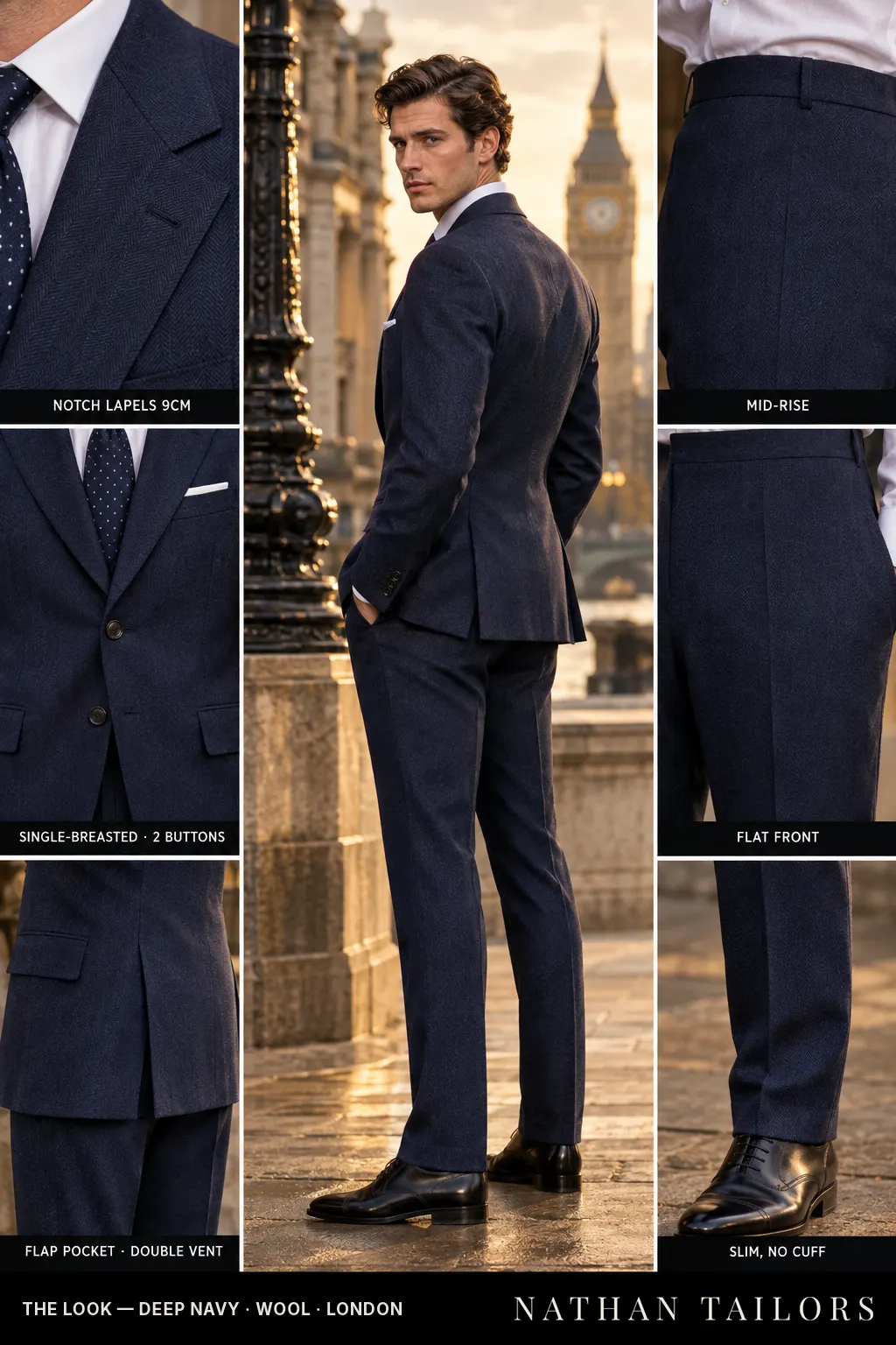 deep navy herringbone single-breasted bespoke suit โ custom tailored by Nathan Tailors, the Hoi An custom tailor