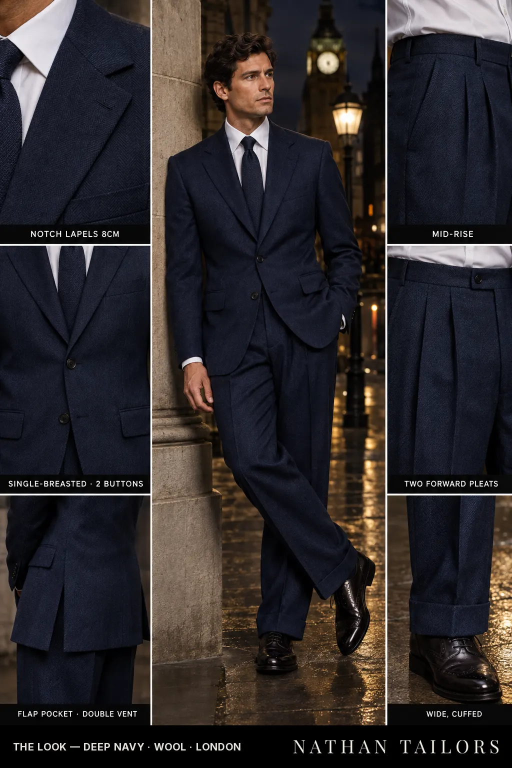 deep navy herringbone single-breasted notch-lapel bespoke suit — AI-rendered by Nathan Tailors, the Hoi An custom tailor. Available as a custom tailored suit from $169.