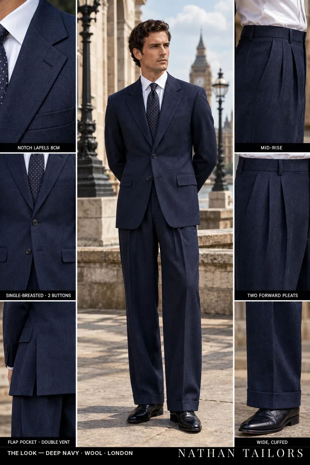 deep navy herringbone single-breasted bespoke suit — custom tailored by Nathan Tailors, the Hoi An custom tailor