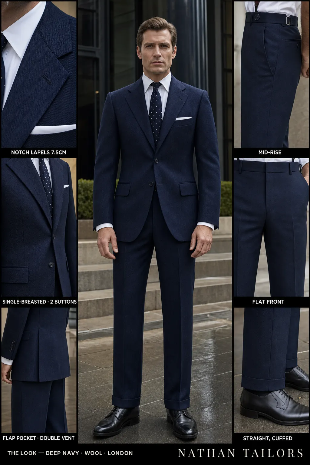 deep navy herringbone single-breasted notch-lapel bespoke suit — AI-rendered by Nathan Tailors, the Hoi An custom tailor. Available as a custom tailored suit from $149.