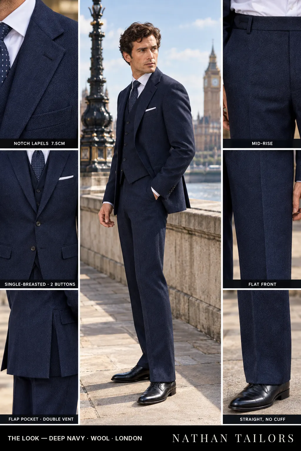 deep navy herringbone single-breasted bespoke suit โ custom tailored by Nathan Tailors, the Hoi An custom tailor