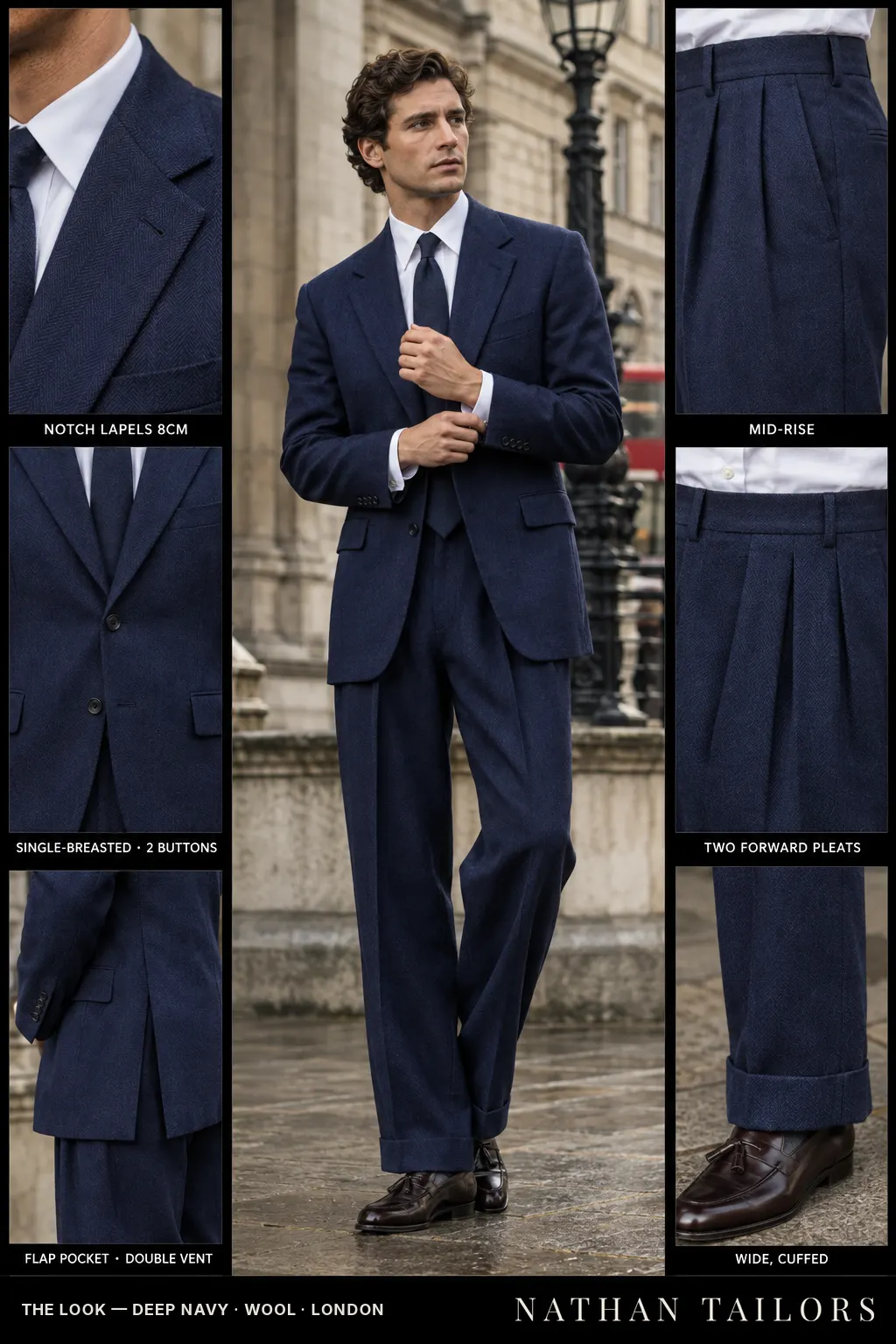 deep navy herringbone single-breasted notch-lapel bespoke suit โ AI-rendered by Nathan Tailors, the Hoi An custom tailor. Available as a custom tailored suit from $169.