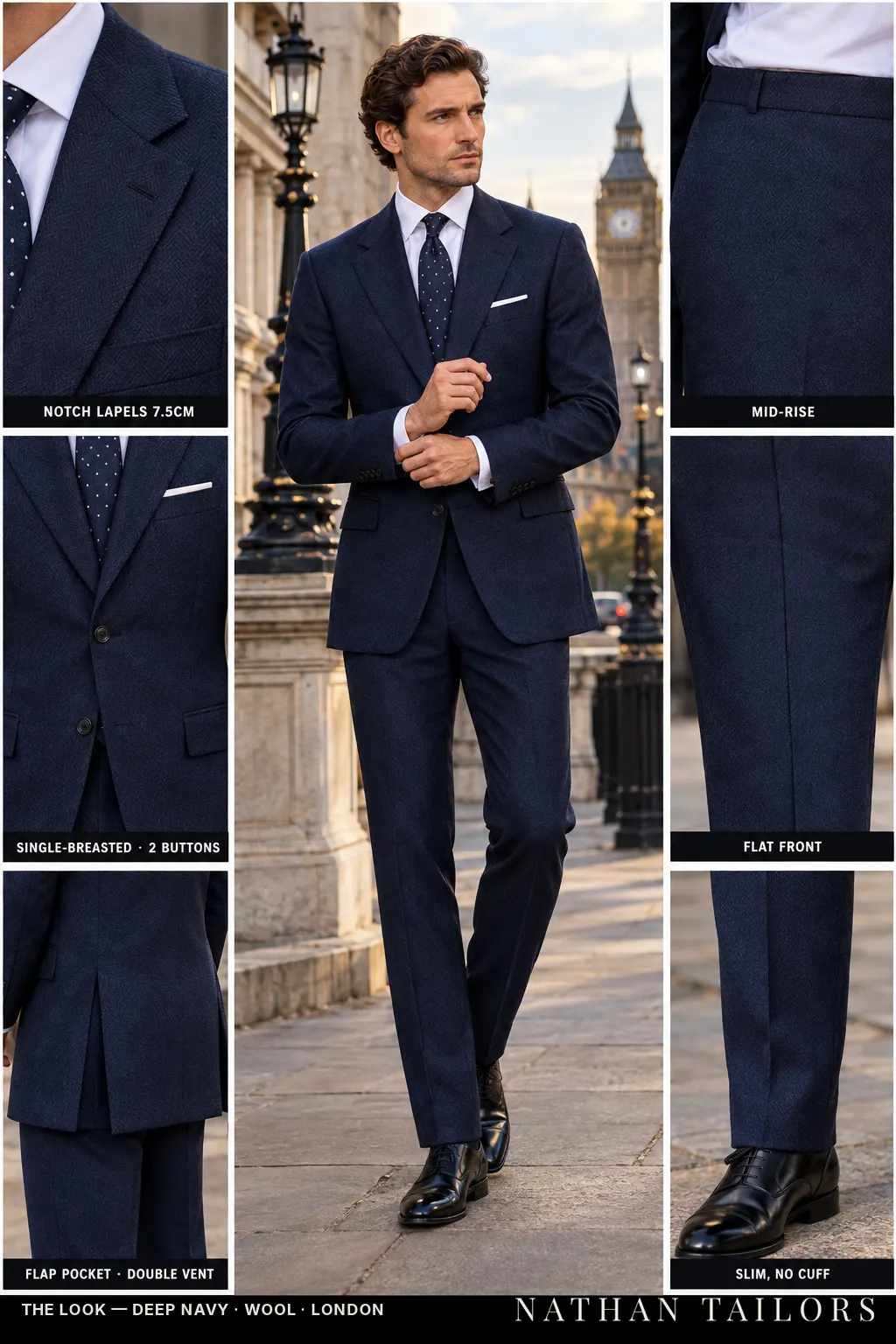 deep navy herringbone single-breasted bespoke suit โ custom tailored by Nathan Tailors, the Hoi An custom tailor