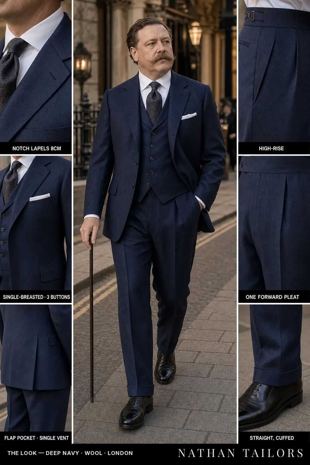 deep navy herringbone single-breasted notch-lapel bespoke suit — AI-rendered by Nathan Tailors, the Hoi An custom tailor. Available as a custom tailored suit from $149.