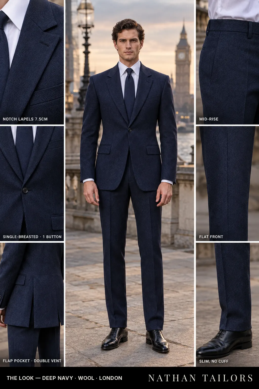 deep navy herringbone single-breasted bespoke suit โ custom tailored by Nathan Tailors, the Hoi An custom tailor