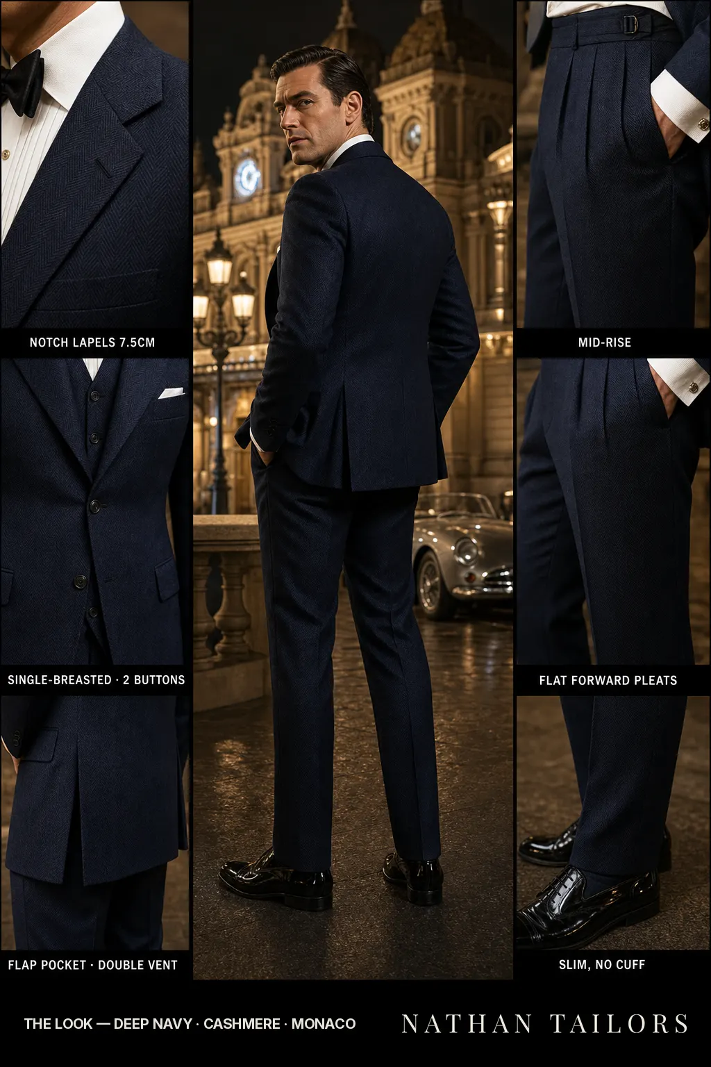 deep navy herringbone single-breasted notch-lapel bespoke suit — AI-rendered by Nathan Tailors, the Hoi An custom tailor. Available as a custom tailored suit from $149.
