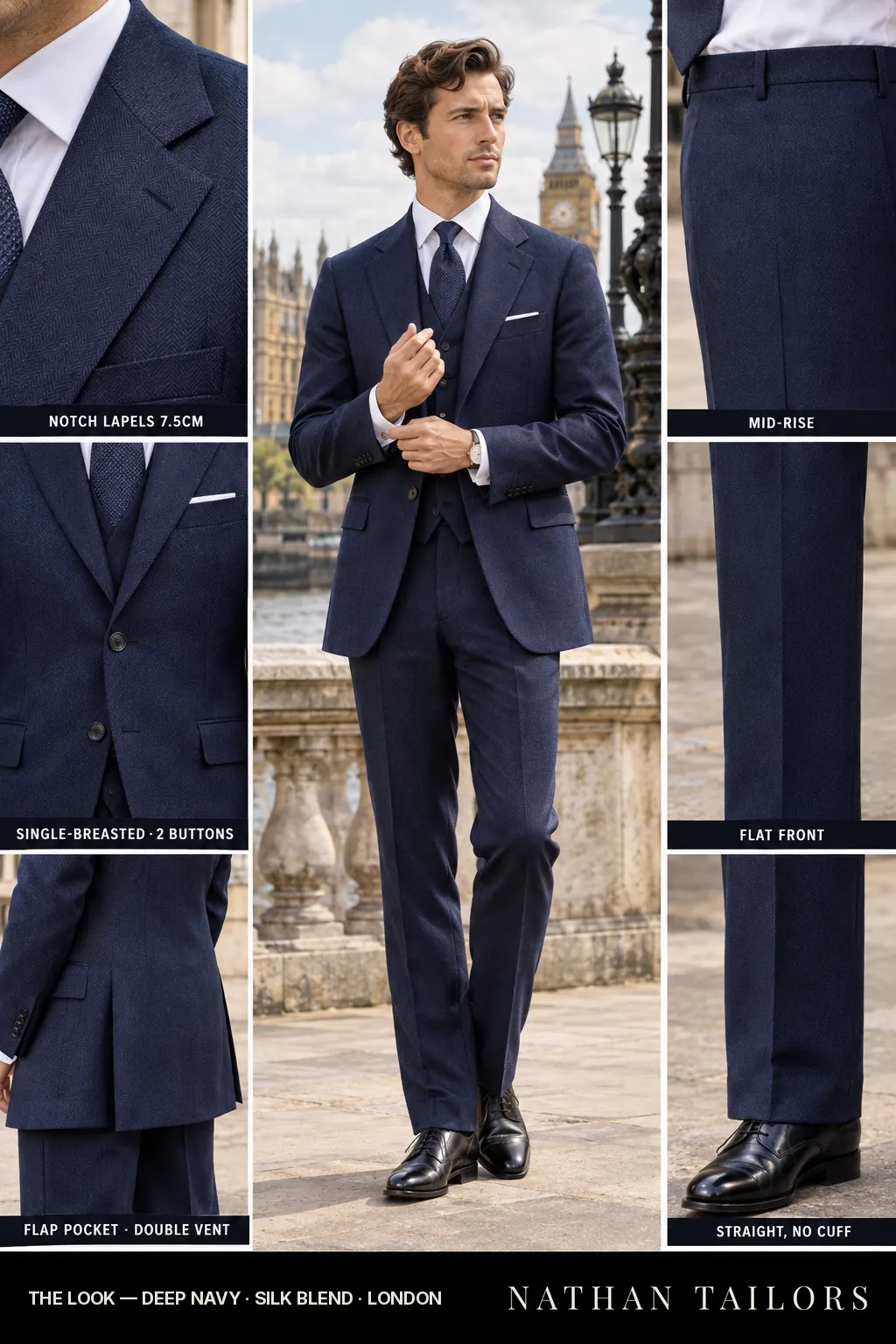 deep navy herringbone single-breasted bespoke suit — custom tailored by Nathan Tailors, the Hoi An custom tailor