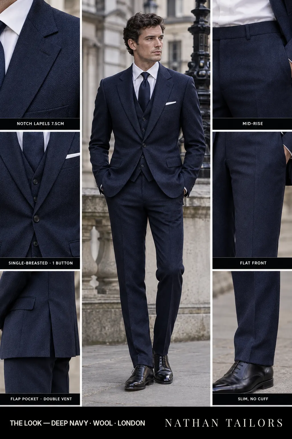 deep navy herringbone single-breasted bespoke suit โ custom tailored by Nathan Tailors, the Hoi An custom tailor