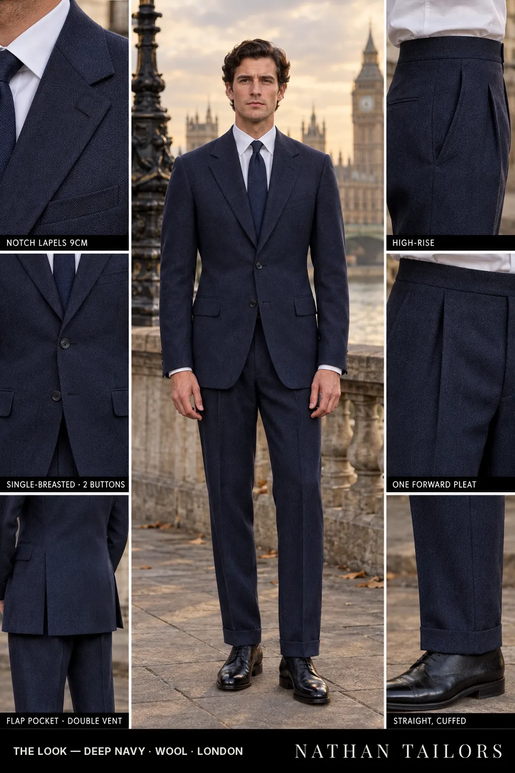 deep navy herringbone single-breasted bespoke suit โ custom tailored by Nathan Tailors, the Hoi An custom tailor