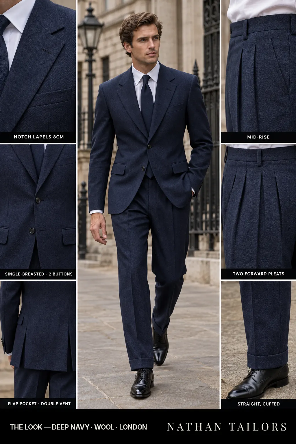 deep navy herringbone single-breasted bespoke suit — custom tailored by Nathan Tailors, the Hoi An custom tailor