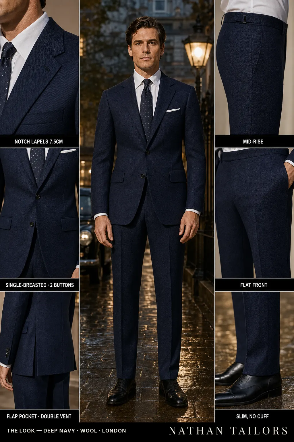 deep navy herringbone single-breasted notch-lapel bespoke suit — AI-rendered by Nathan Tailors, the Hoi An custom tailor. Available as a custom tailored suit from $149.